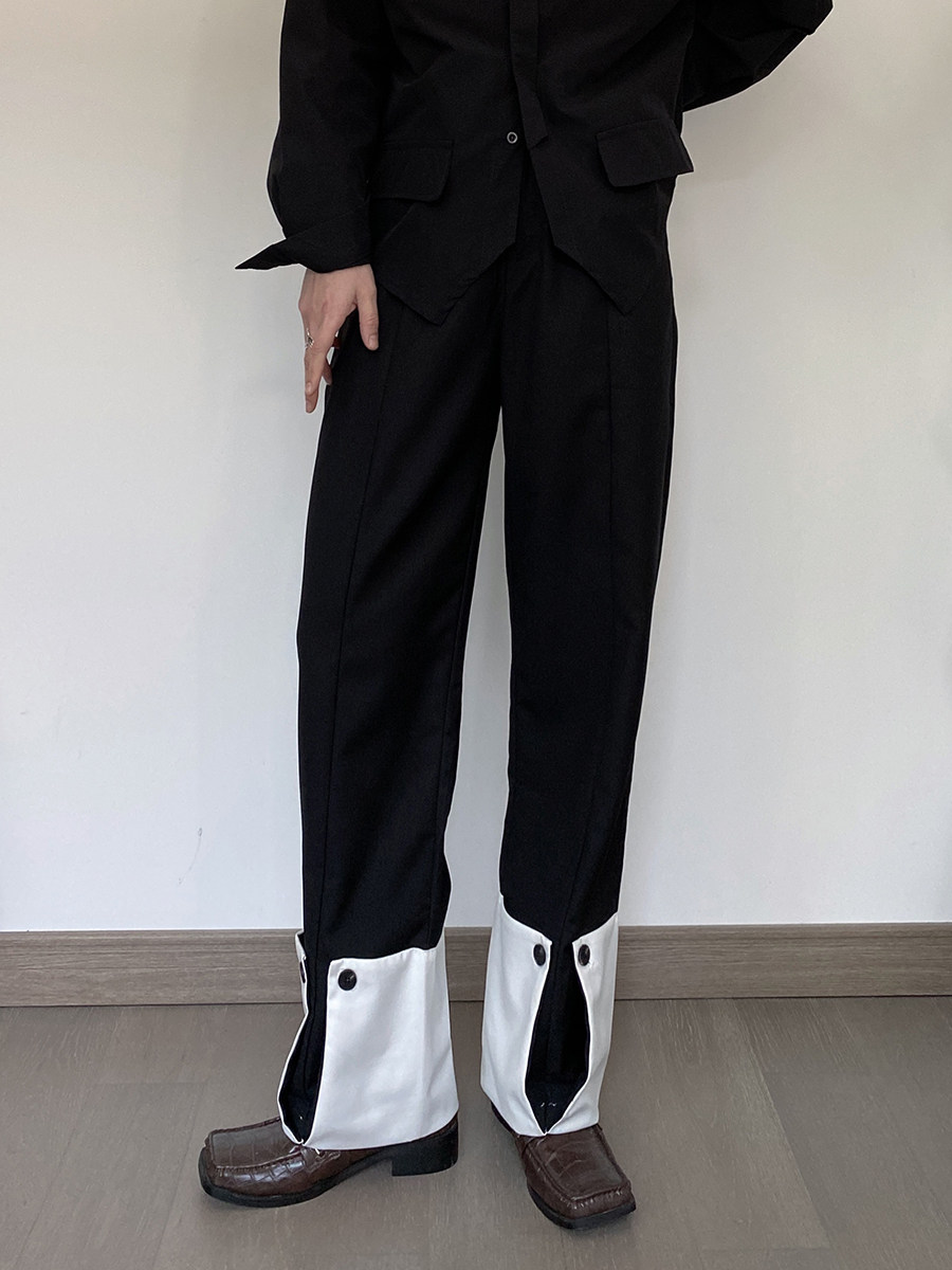 everdana山本暗黑撞色卷边西装裤脚开衩显瘦直筒休闲裤