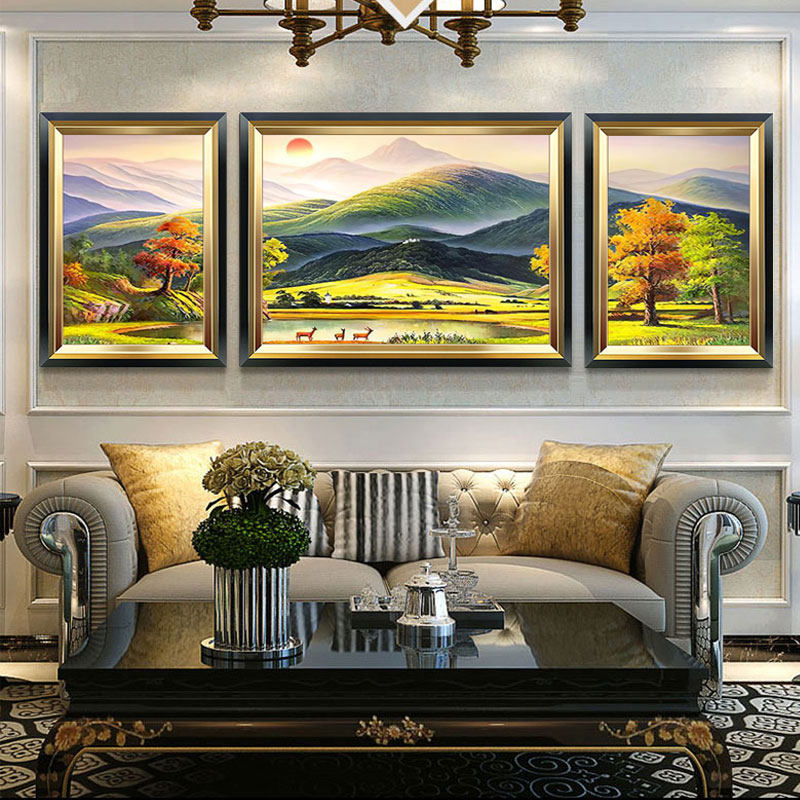 欧式三联聚宝盆装饰画美式巨人山客厅沙发背景墙挂画风景晶瓷壁画