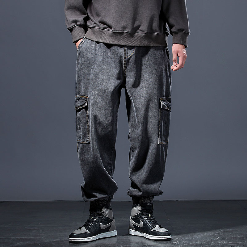 工装牛仔裤男秋冬款束脚哈伦宽松加肥加大码胖子加绒加厚裤子冬季