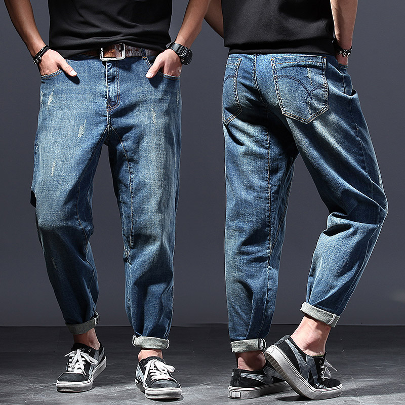 牛仔裤男宽松直筒加肥加大码胖子潮牌哈伦弹力小脚秋春夏季薄款