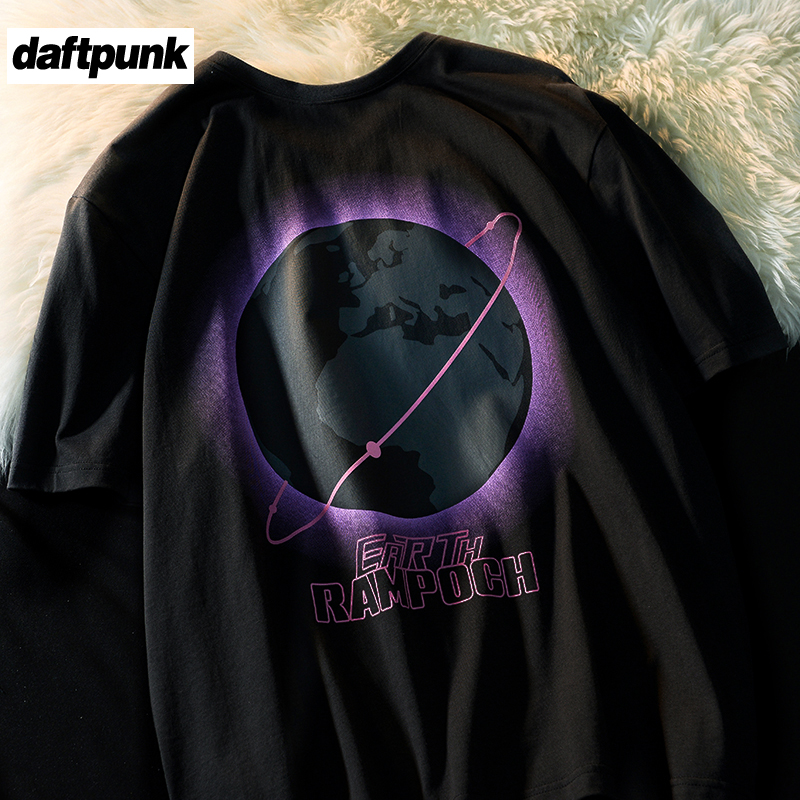 环绕地球美式复古嘻哈图案印花短袖T恤女男ins潮牌宽松上衣体恤衫