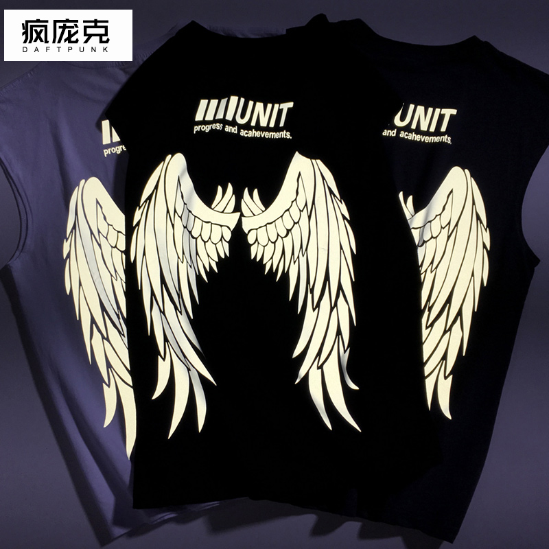 背心男夏季ins潮流坎肩反光翅膀印花健身篮球运动宽肩无袖t恤外穿