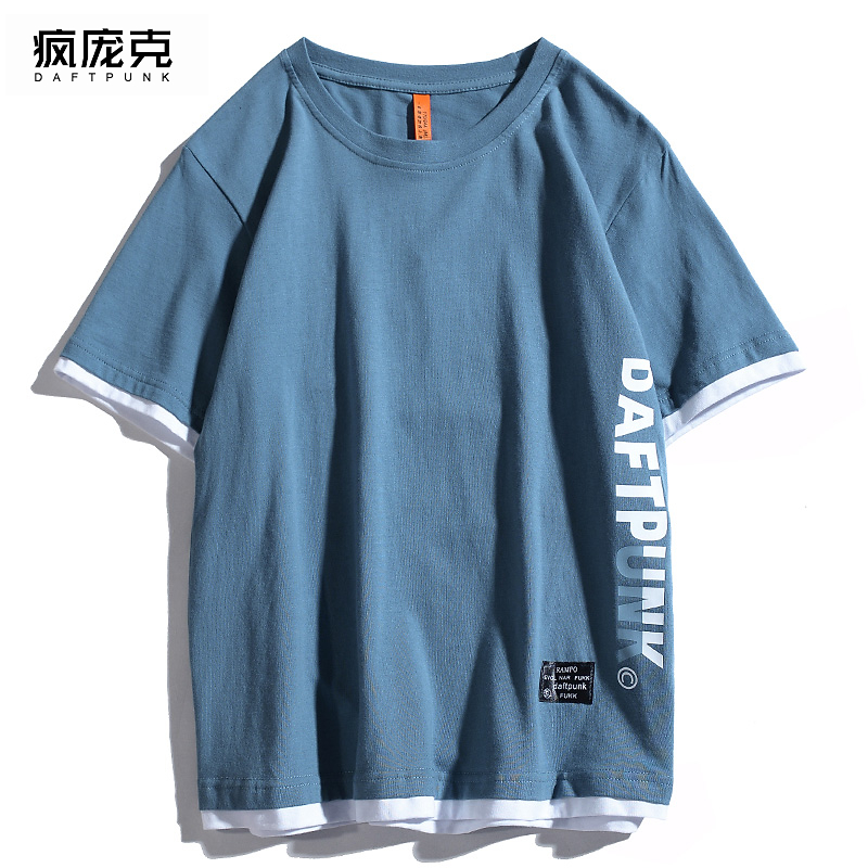 夏季纯棉短袖t恤男宽松潮牌日系假两件ins字母印花半袖学生体恤潮