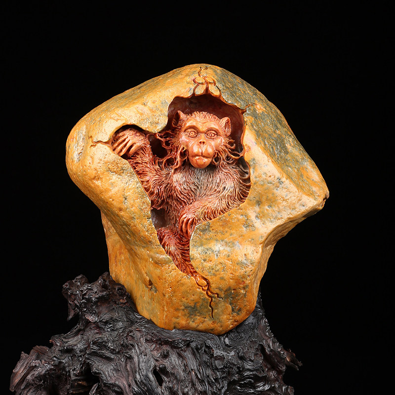 猴子寿山福建天然玄关石雕桌面客厅动物石天然摆件