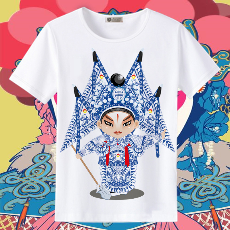 夏季新款中国风京剧脸谱男女短袖t恤印花休闲宽松圆领半袖上衣服