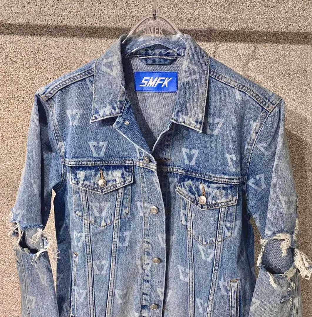 smfk官方直发水洗破洞镭射字母鹿纹潮牌牛仔短外套
