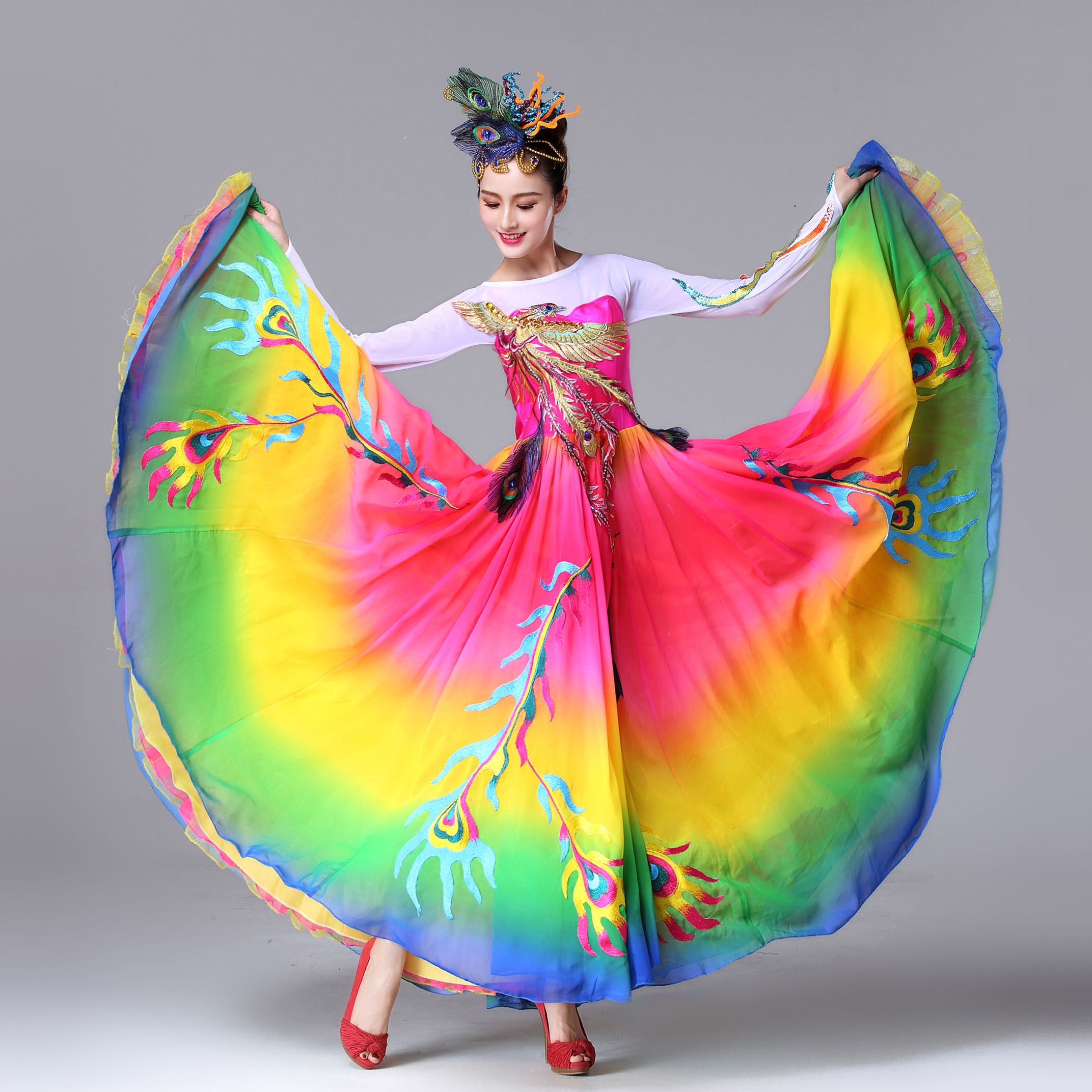 阿幸开场大摆演出服凤尾广场舞服装成人扇子现代民族服装