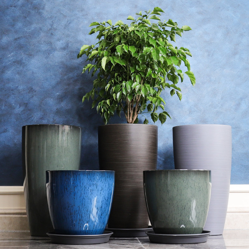 环球新款树脂圆形高筒种树盆栽抛光光亮面竖花盆