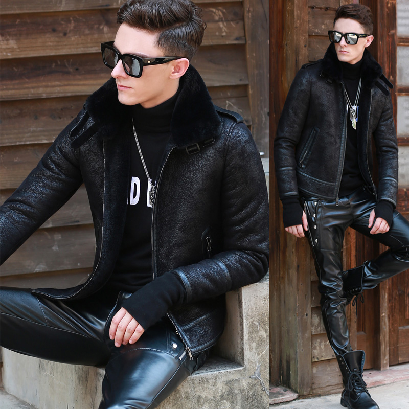皮毛一体男外套冬季新款皮夹克短款修身韩版加厚毛领大码加绒皮衣