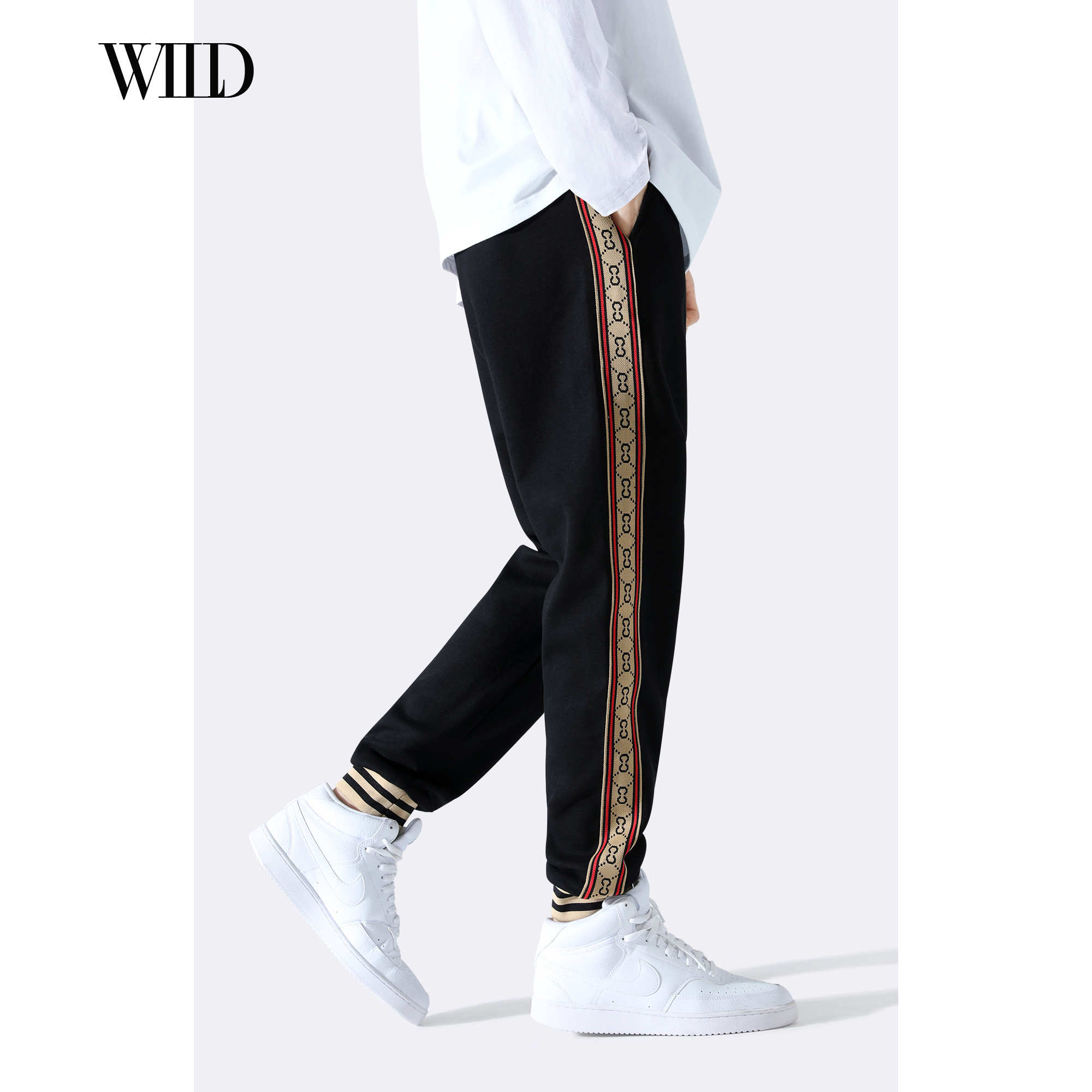 束脚卫裤男潮牌 黑色春秋重磅潮流加绒裤 百搭休闲弹力新款运动裤