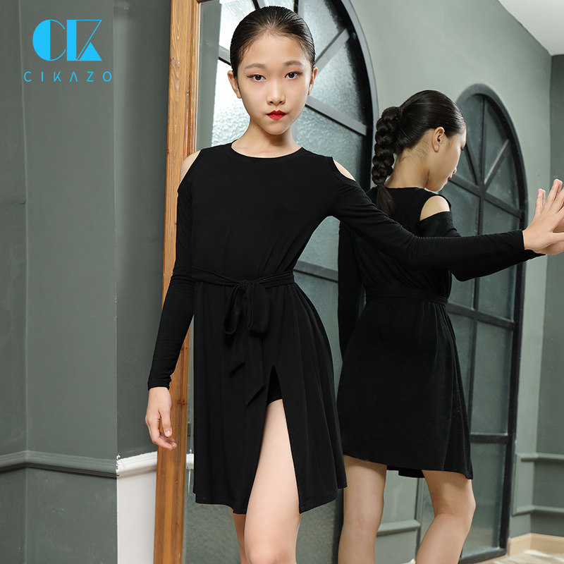 女生拉丁舞练功黑色长袖连衣裙茜卡索女儿童伦巴拉丁舞演出服