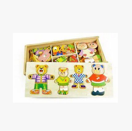 木制儿童早教配对益智玩具小熊一家衣服拼图玩具魔盒拼图