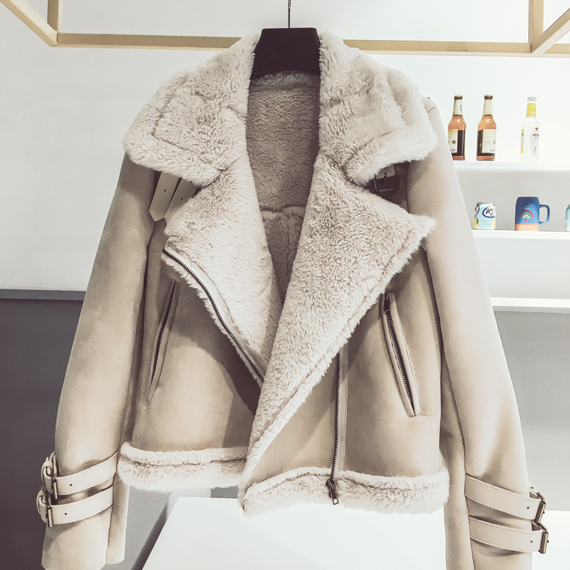 羊羔毛外套女小个子机车服短款加厚冬季2021年新款鹿皮绒加绒棉服