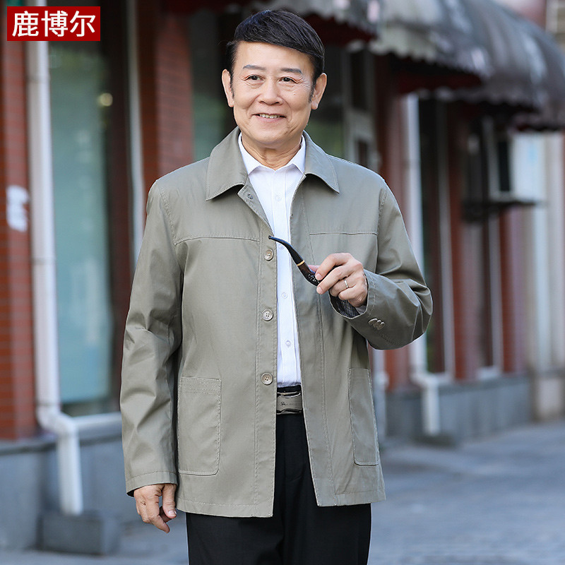 爸爸秋装男士纯棉夹克衫中老年薄款休闲外套春秋季老人扣子款上衣