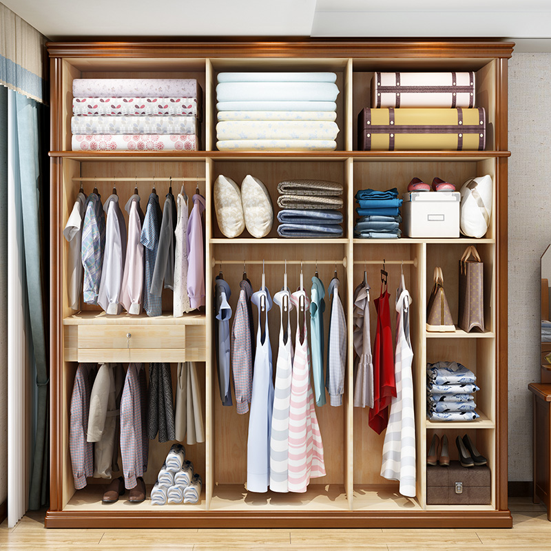 ailvju现代中式加顶实木衣柜木质衣橱卧室组装雕花衣帽间整体家具