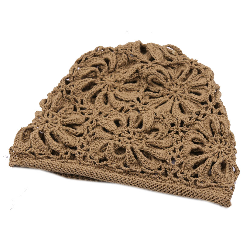 秋季新品手工钩花花朵镂空帽包头针织毛线帽遮白发帽卷边套头帽女