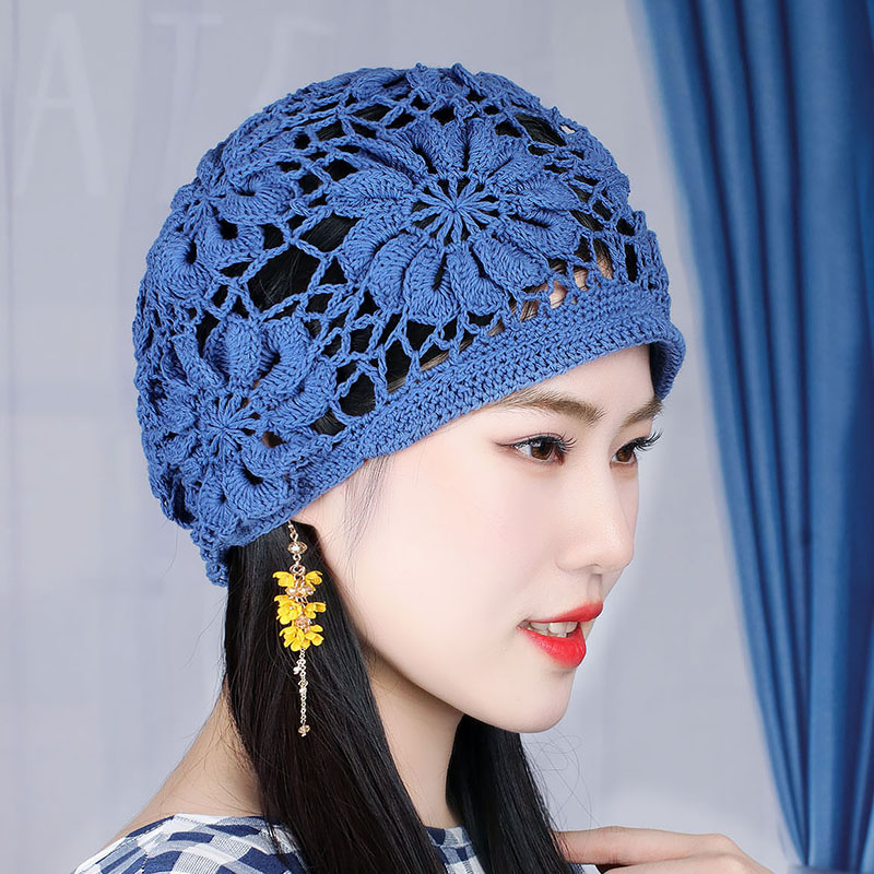 手工编织镂空花朵棉线包头网眼头巾帽甜美日帽子