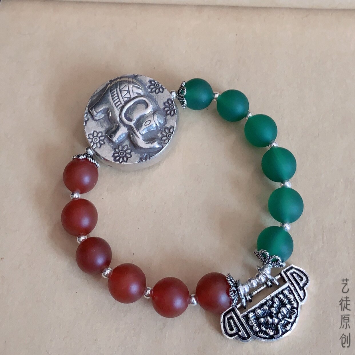 手链艺徒原创纯银大象复古撞色红配绿美美学手链