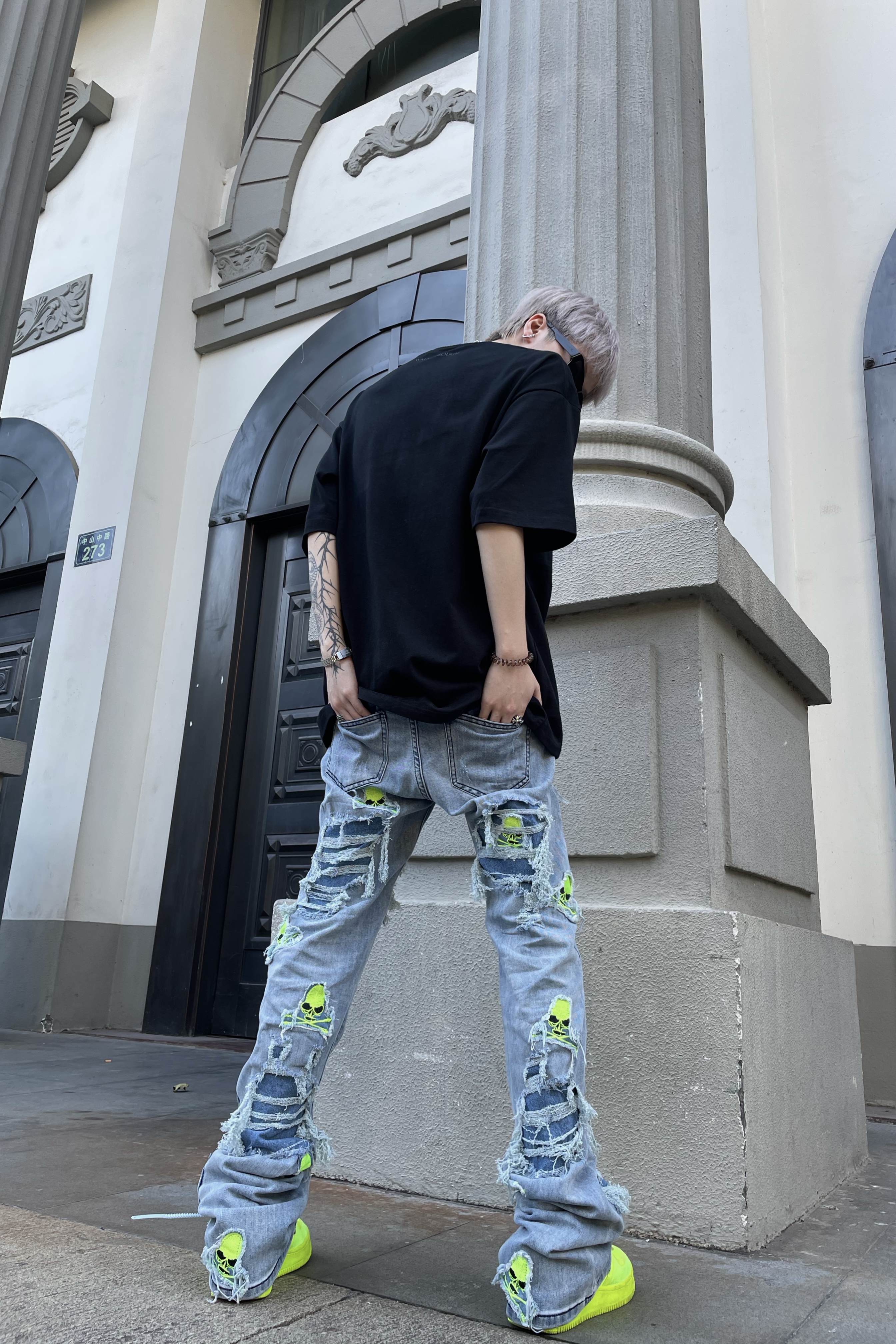 「Rabbit.b」1of1 remake重工磨破骷髅刺绣牛仔裤宽松个性直筒裤