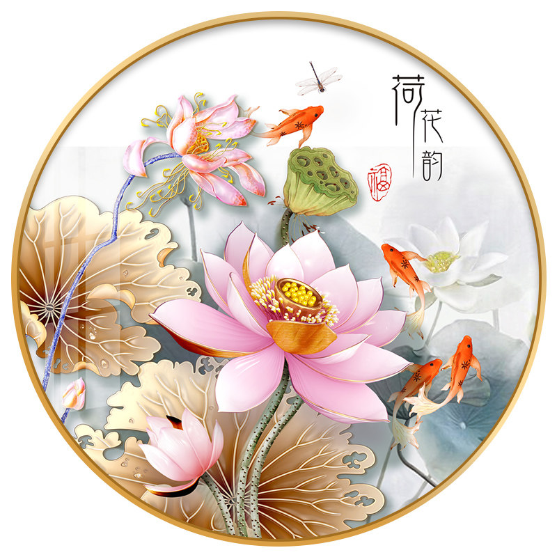 钻石5d满钻圆形现代中式荷花韵客客厅带框钻石绣