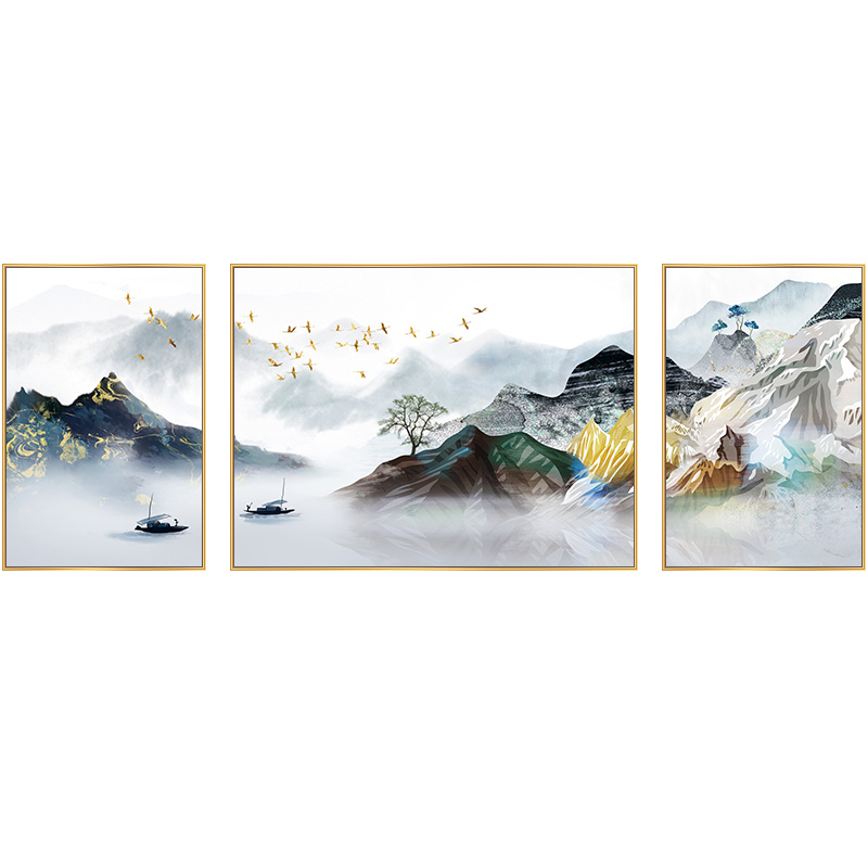 钻石现代中式国画山水画满新款海纳百川三联画贴十字绣套件