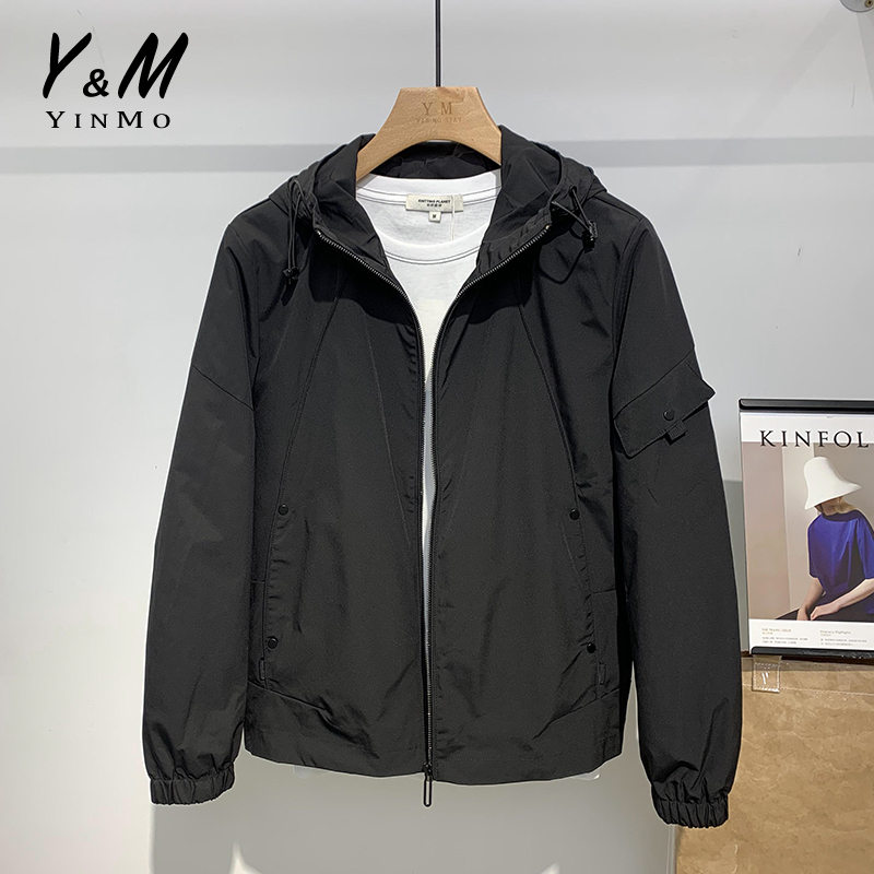 YIN MO黑色简约连帽外套男春秋2021年新款韩版潮流宽松休闲夹克衫