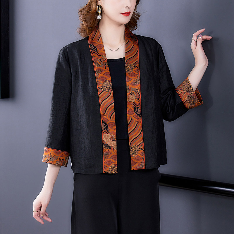 高端香云纱真丝外套女开衫早秋披肩外g搭桑蚕丝妈妈洋气高贵上衣