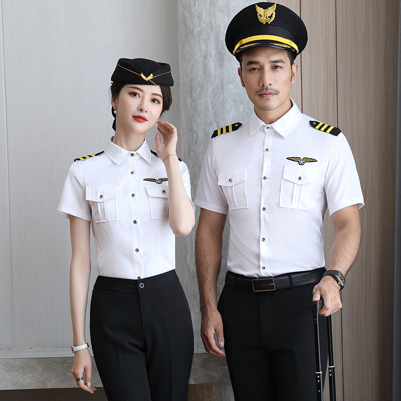白色军装短袖肩章宝安制服男女口袋衬衣机长衬衫