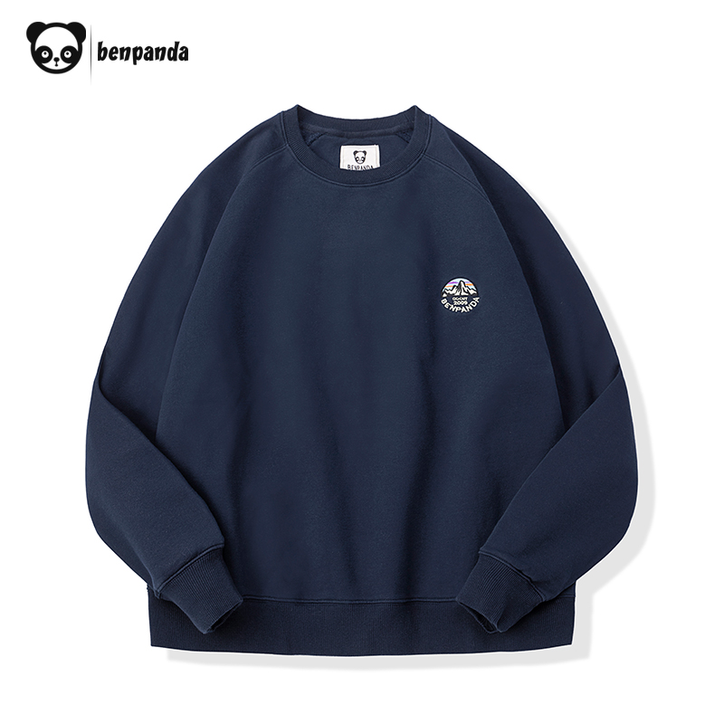 熊猫本 2022春季卫衣男圆领新款潮日系春秋款刺绣无帽套头衫上衣