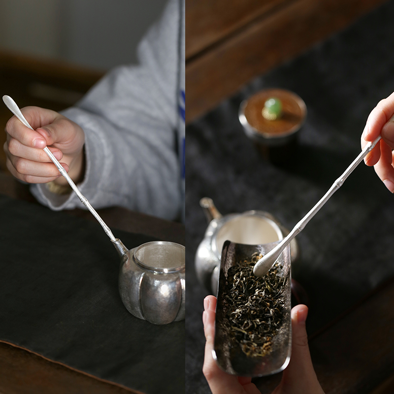 手工竹节纯银足银茶拨茶扒茶针茶勺禅意茶匙通壶嘴工具功夫茶配件