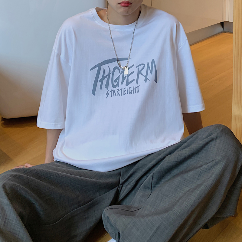 2022潮牌t恤男短袖简约百搭中袖oversize白色衣服宽松ins潮流五分