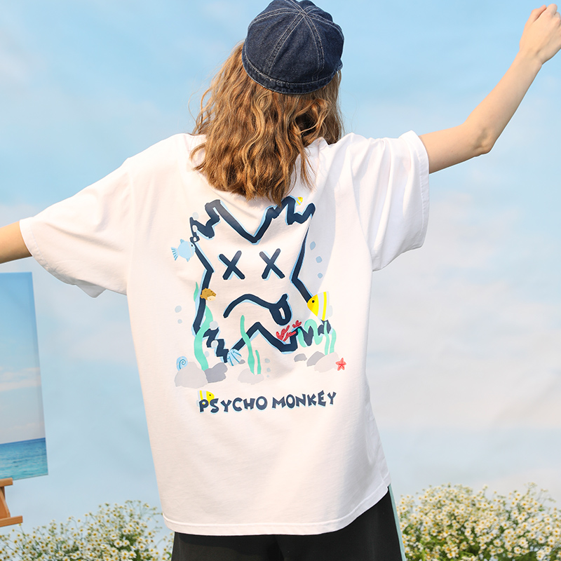 PCMY海底世界叉叉人短袖男女夏季国潮流宽松ins情侣装嘻哈涂鸦T恤