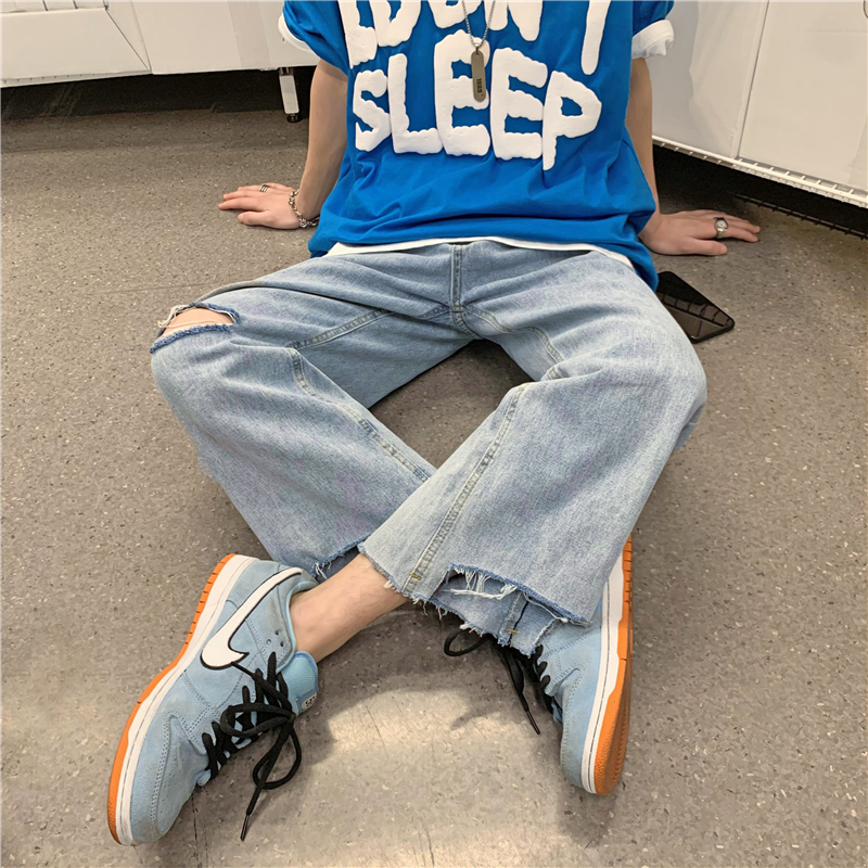 破洞牛仔裤男高街潮牌嘻哈夏季薄款潮流休闲九分裤宽松直筒阔腿裤