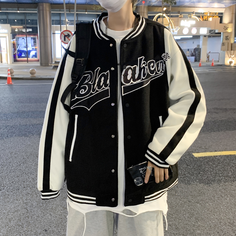 美式潮牌棒球服外套男春季刺绣字母印花拼色夹克港风宽松男装上衣