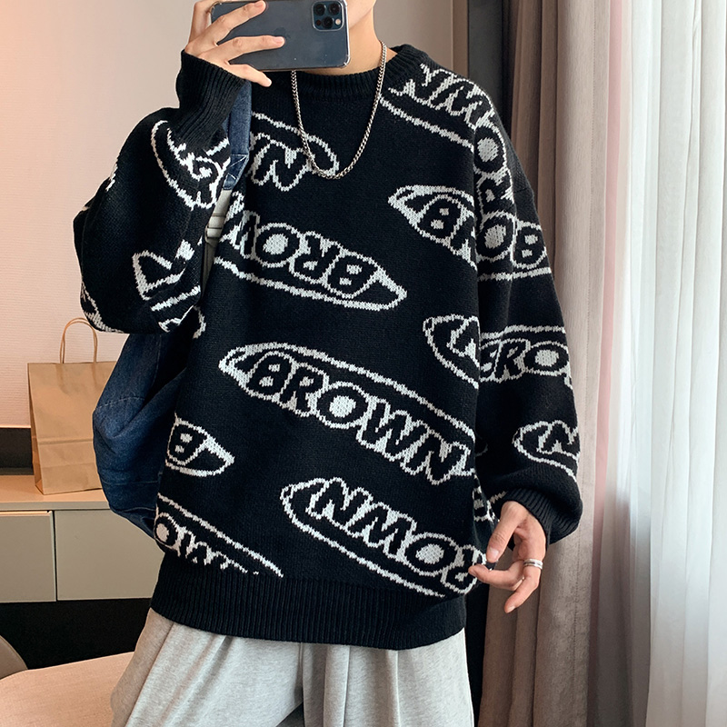 春秋新款情侣装毛衣男高街cec超火潮流宽松原宿风字母提花针织衫