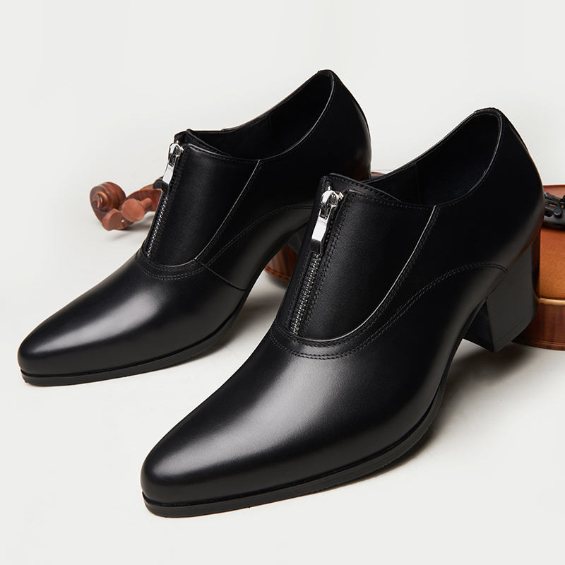 男士 皮鞋 男个性 真皮拉链鞋 高跟皮鞋 6厘米增高鞋 潮男鞋 英伦尖头