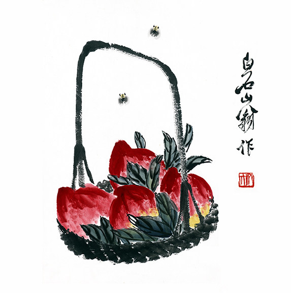 齐白石斗方杨梅寿桃国画装饰装饰画画心高清宣纸国画