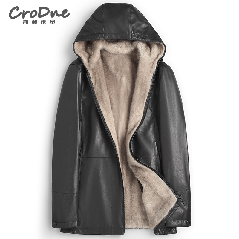 整貂内胆水貂皮毛一体男连帽貂皮大衣头层胎牛皮海宁真皮皮衣外套