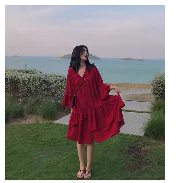 三亚旅游衣服超仙拍照红色裙子沙滩裙女夏海边度假大码胖mm连衣裙
