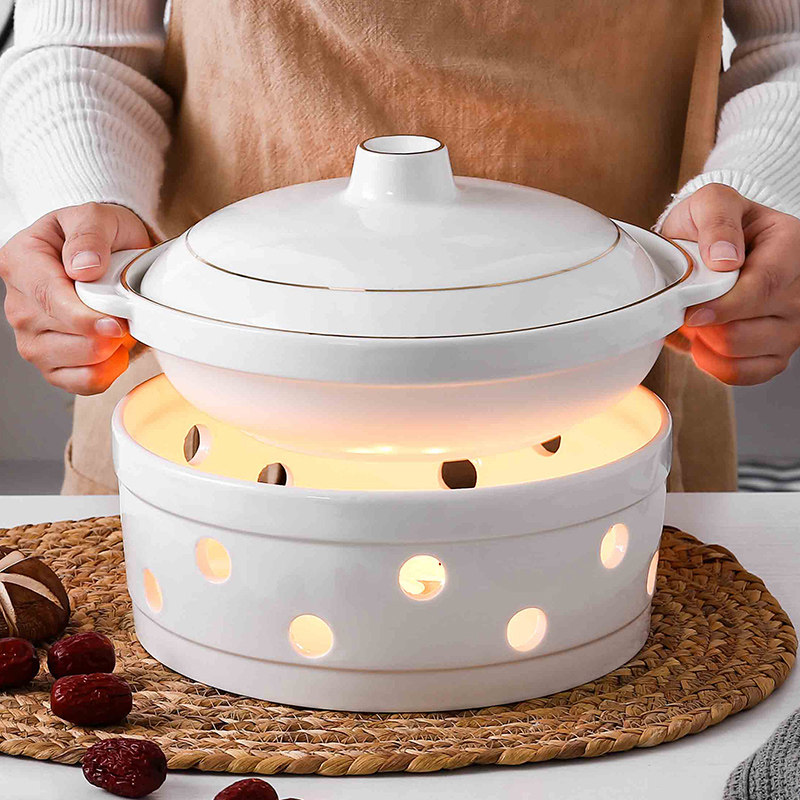 陶瓷加热炉座保温双耳瓷煲酒精炉汤盘菜盘子金边家用陶瓷煲炉汤锅