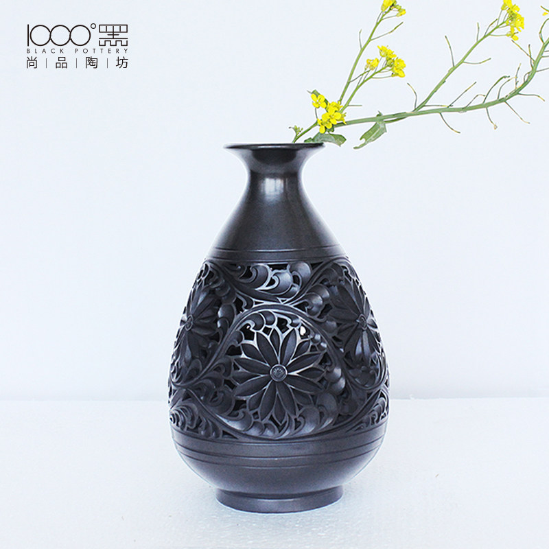 中国国风特色仿古手工黑陶陶瓷镂空干花花插花瓶