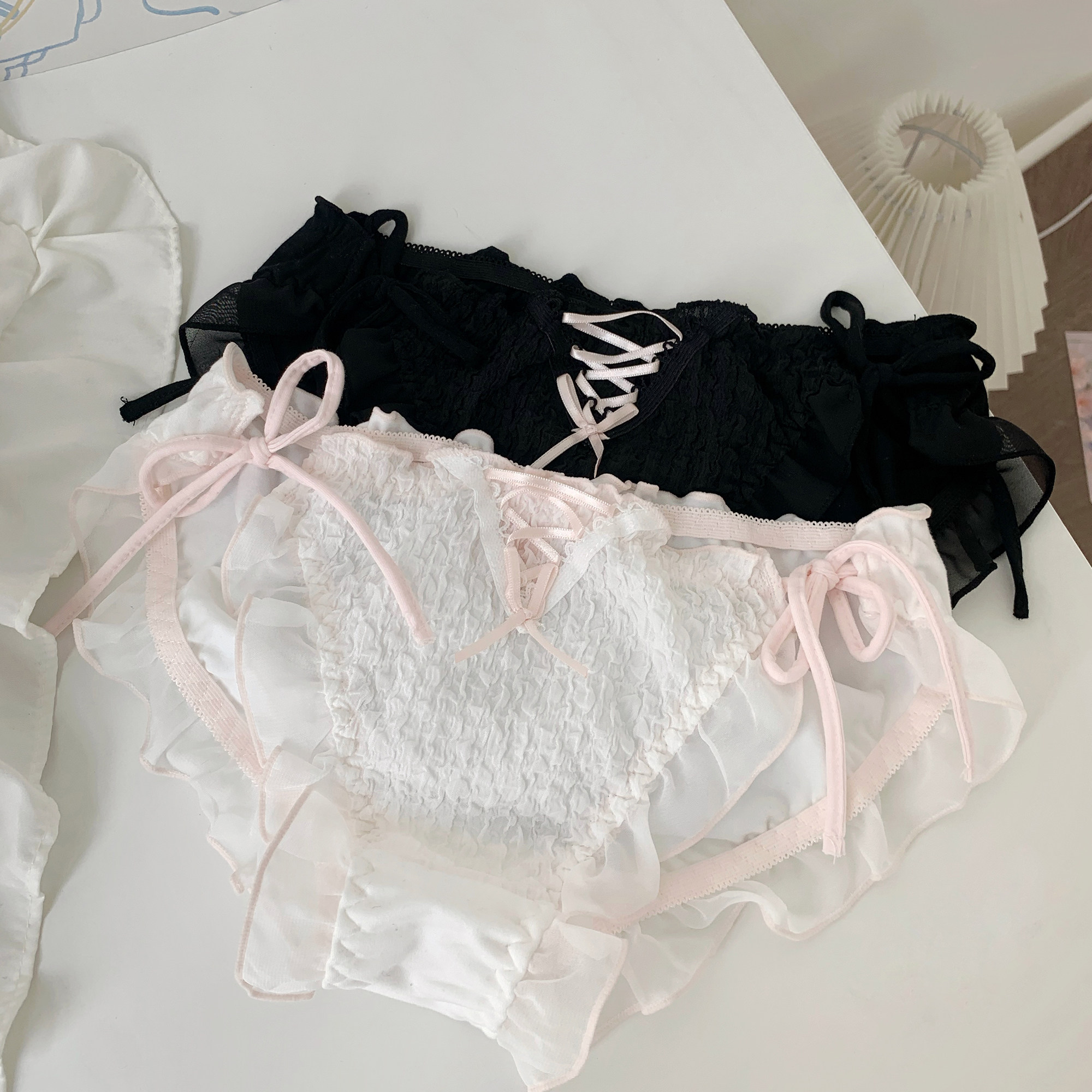 5件88折森日叶纯绑带泡泡褶皱少女内裤甜美女三角裤