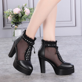 Round-toe women's shoes leather high-heeled mesh sandals for women spring and summer heels thick 2024 new style Baotou large size mesh boots sandal boots