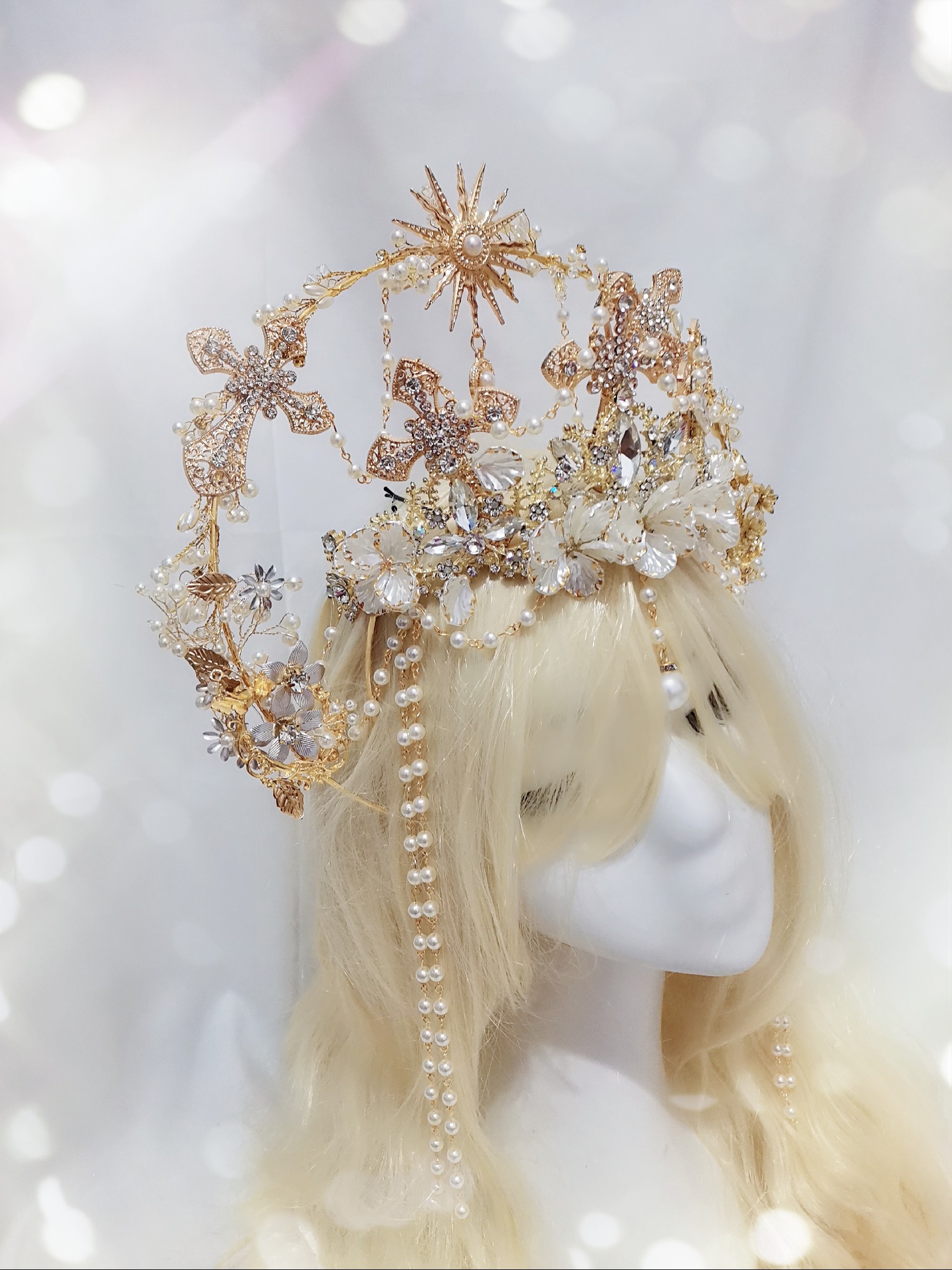 lolita原创手作华丽花嫁款圣母头冠大光光环头饰发饰