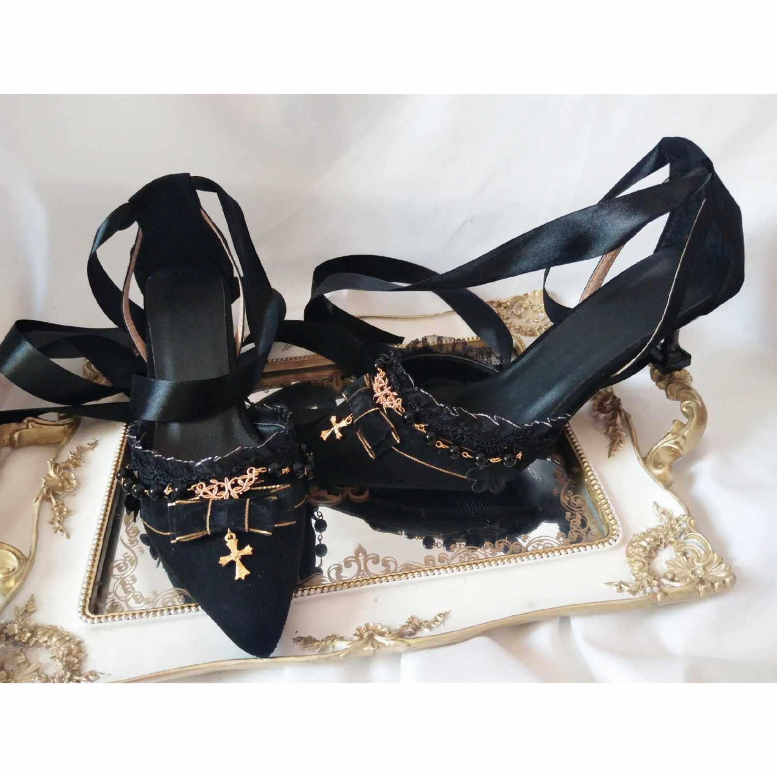 手作lolita黑色色系优雅绑带鞋花嫁鞋单鞋