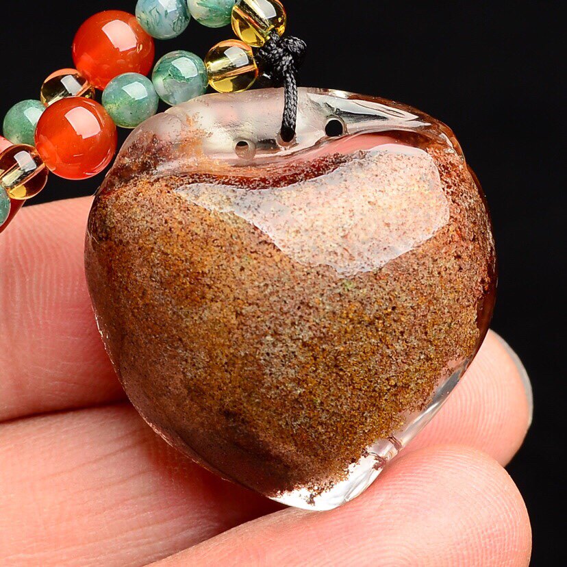 幽灵寿桃项坠天然然彩水晶吊坠雕刻桃子颈饰