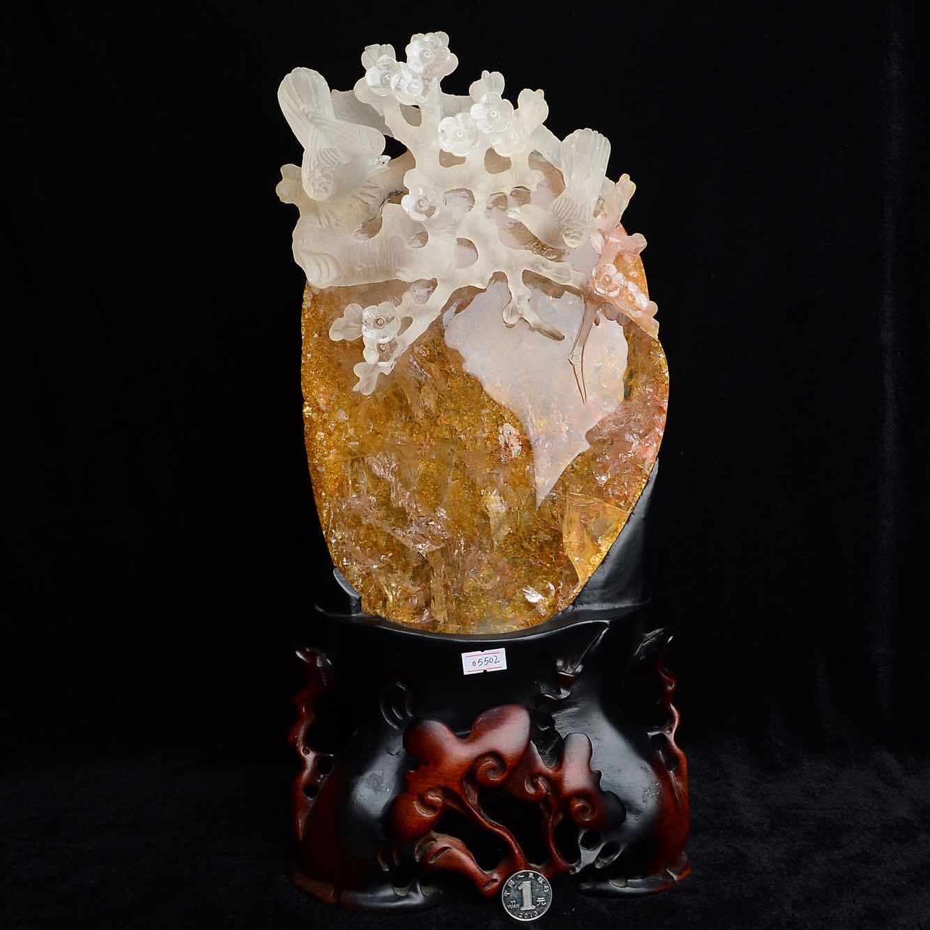 天然水晶黄胶花白喜上眉梢摆件05502#白水晶雕刻喜鹊奇石