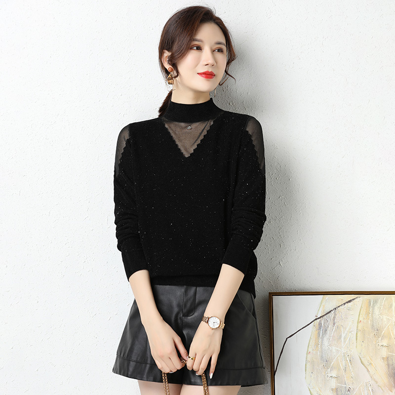 高领黑色打底衫女秋冬新款网纱蕾丝天鹅绒针织上衣内搭保暖毛衣女