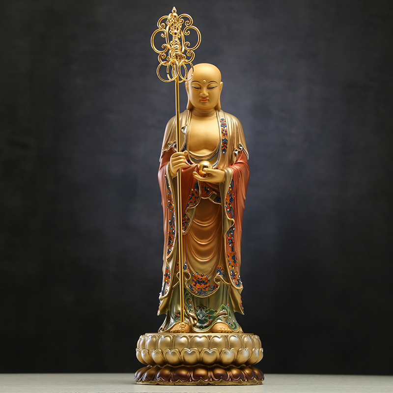铜雕镶宝供佛客厅站像菩萨山地九华贴金地藏摆件