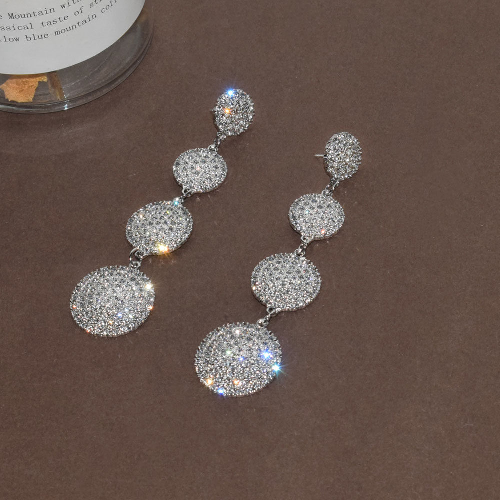 欧美奢华宴会气质银针满钻耳环几何长款镶钻耳环